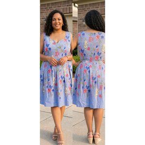 RSVP by Talbots Blue Floral Dress 20W Plus Size Cotton Fit Flare Scalloped Neck
